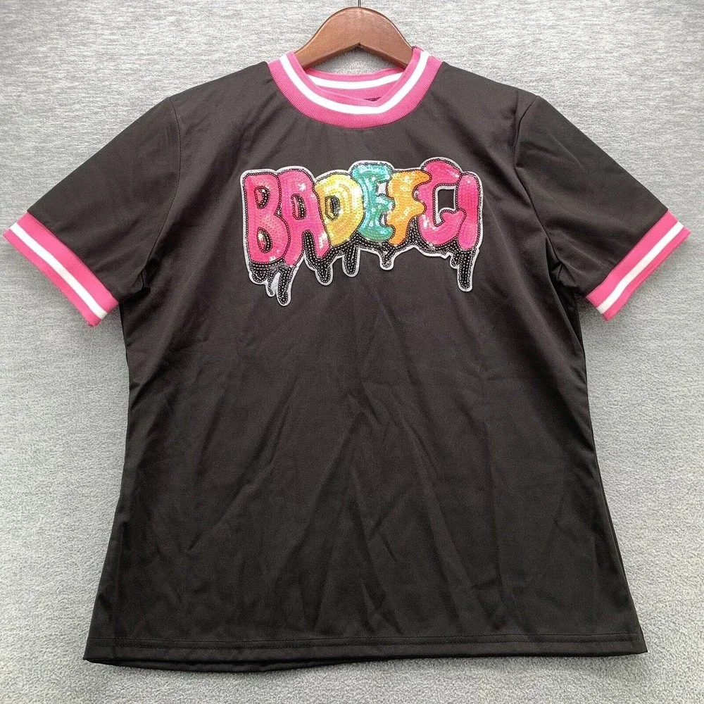 Women Black Bodycon Shirts & Shorts with Sequined Front Logo Set Size XL (A41) - Picture 13 of 13